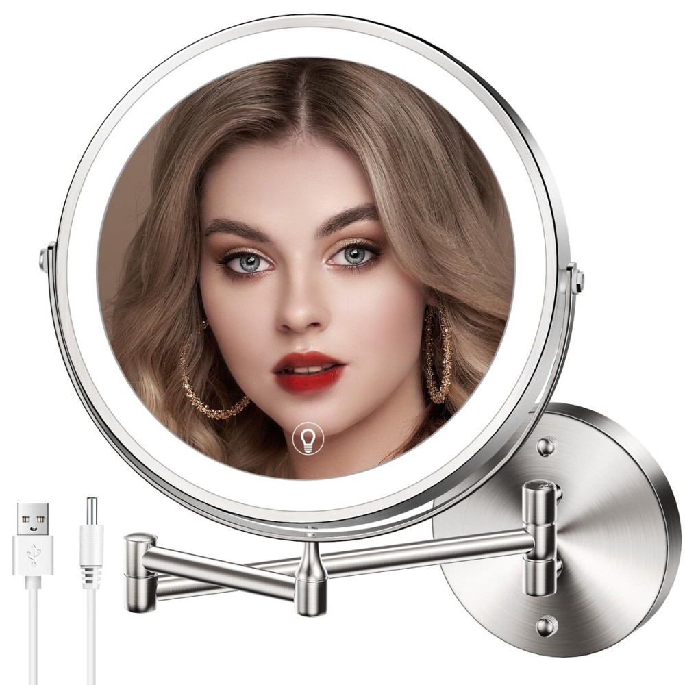 MNIENT Wall Mounted Lighted Makeup Mirror, 8 Rechargeable Double-Sided Light up Magnifying Mirror 1x/10x, 3 Color Led Vanity Mirror with Lights, Touch Dimmable 360 Rotation Foldable-Nickel