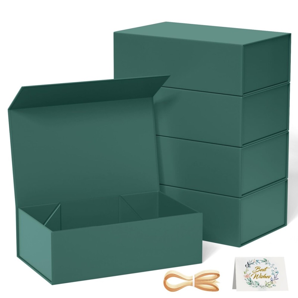 RYDDOY 5 Pack Green Gift Box, 9.5x6x3\'\' Gift box for Presents with Lids Magnetic Closure Rectangle Collapsible for Bridesmaid Proposal Box, Wedding, Christmas, Halloween, Birthday Gift Packging