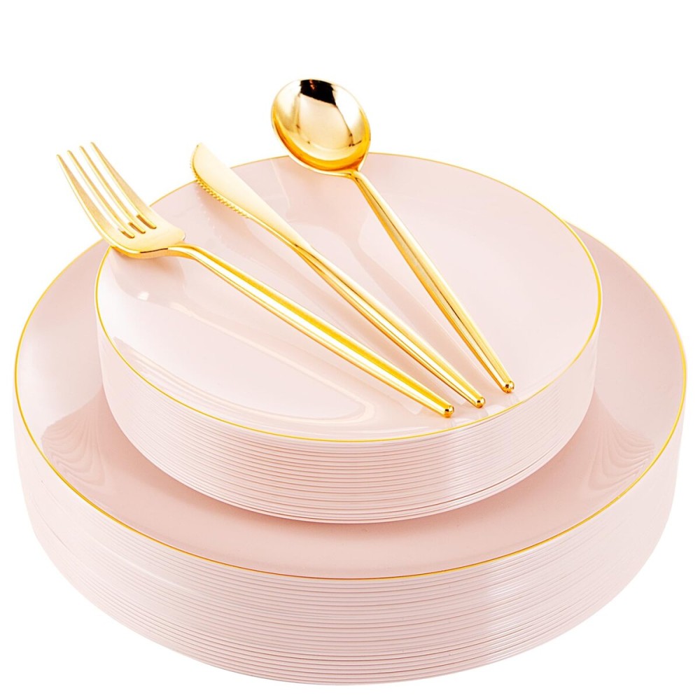 I00000 30 Guests Pink Plastic Plates for Party,Heavy Duty Pink Disposable Plates,Gold Dinnerware Set Include 30 Dinner Plates,30 Dessert Plates,30 Gold Plastic Silverware Set for Party.