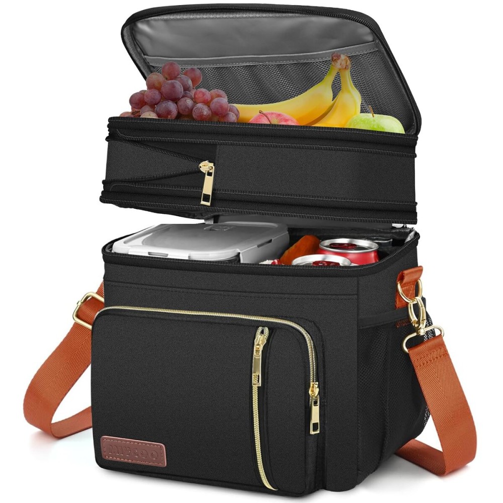 MIYCOO Lunch Bag & Lunch Box for Women Men, Double Deck Leakproof Insulated Soft Large Adult Camping Cooler bag for Work, Beach, Picnic, Travel (Black Orange, 15L)