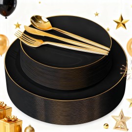 I00000 150Pcs Black Plastic Plates,New Year Plates,Heavy Duty Black plates for 30 Guests,Plastic Dinnerware Set Include 30 Dinner Plate,30 Dessert Plate,90 Gold Cutlery Set for Party