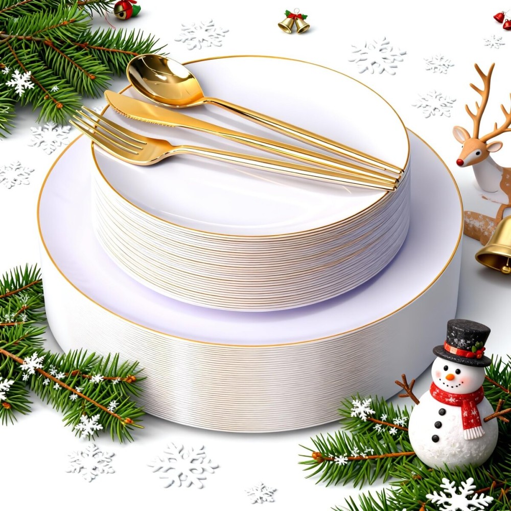 I00000 150PCS White and Gold Plastic Plates with Disposable Silverware for 30 Guests,White Plastic Plates Set Include 30 Dinner Plate,30 Dessert Plate,90 Gold Cutlery for Wedding & Party