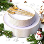 I00000 150PCS White and Gold Plastic Plates with Disposable Silverware for 30 Guests,White Plastic Plates Set Include 30 Dinner Plate,30 Dessert Plate,90 Gold Cutlery for Wedding & Party
