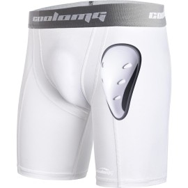 COOLOMG Mens Compression Underwear with Protective Athletic Cup Sliding Shorts Baseball Football Lacrosse Field Hockey White XL