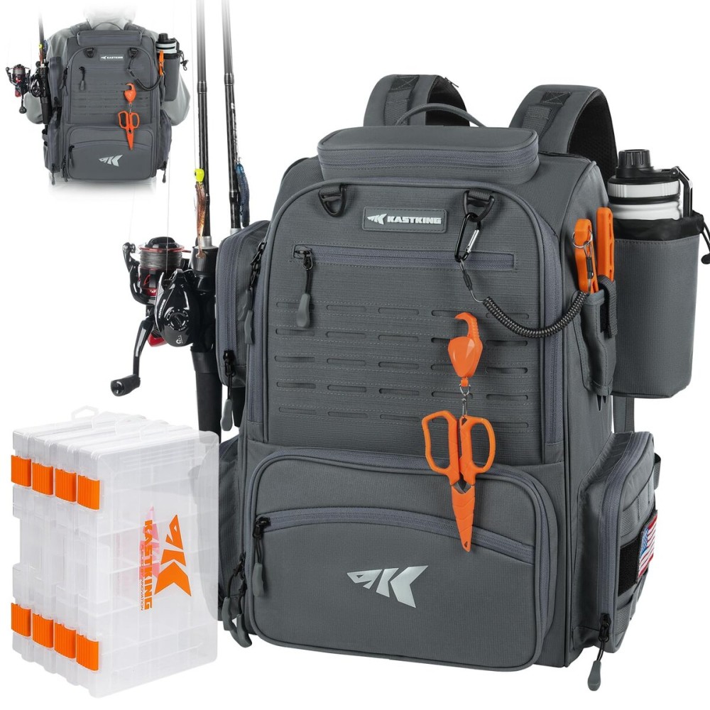 KastKing Bait Boss Pro Fishing Tackle Backpack with Rod Holders, 4 Tackle Boxes, 45L Large Storage Bag for Fishing Gear, Gray