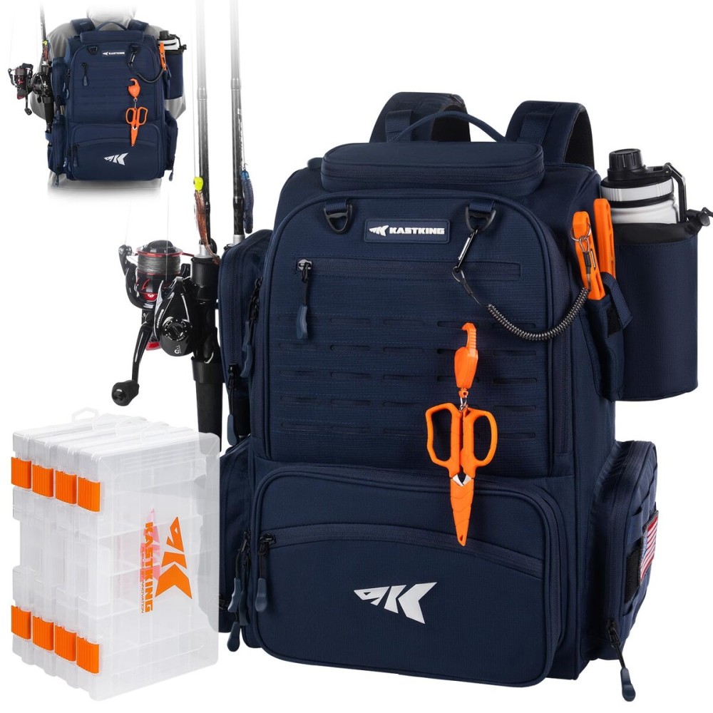 KastKing Bait Boss Pro Fishing Tackle Backpack with Rod Holders, 4 Tackle Boxes, 45L Large Storage Bag for Fishing Gear, Blue