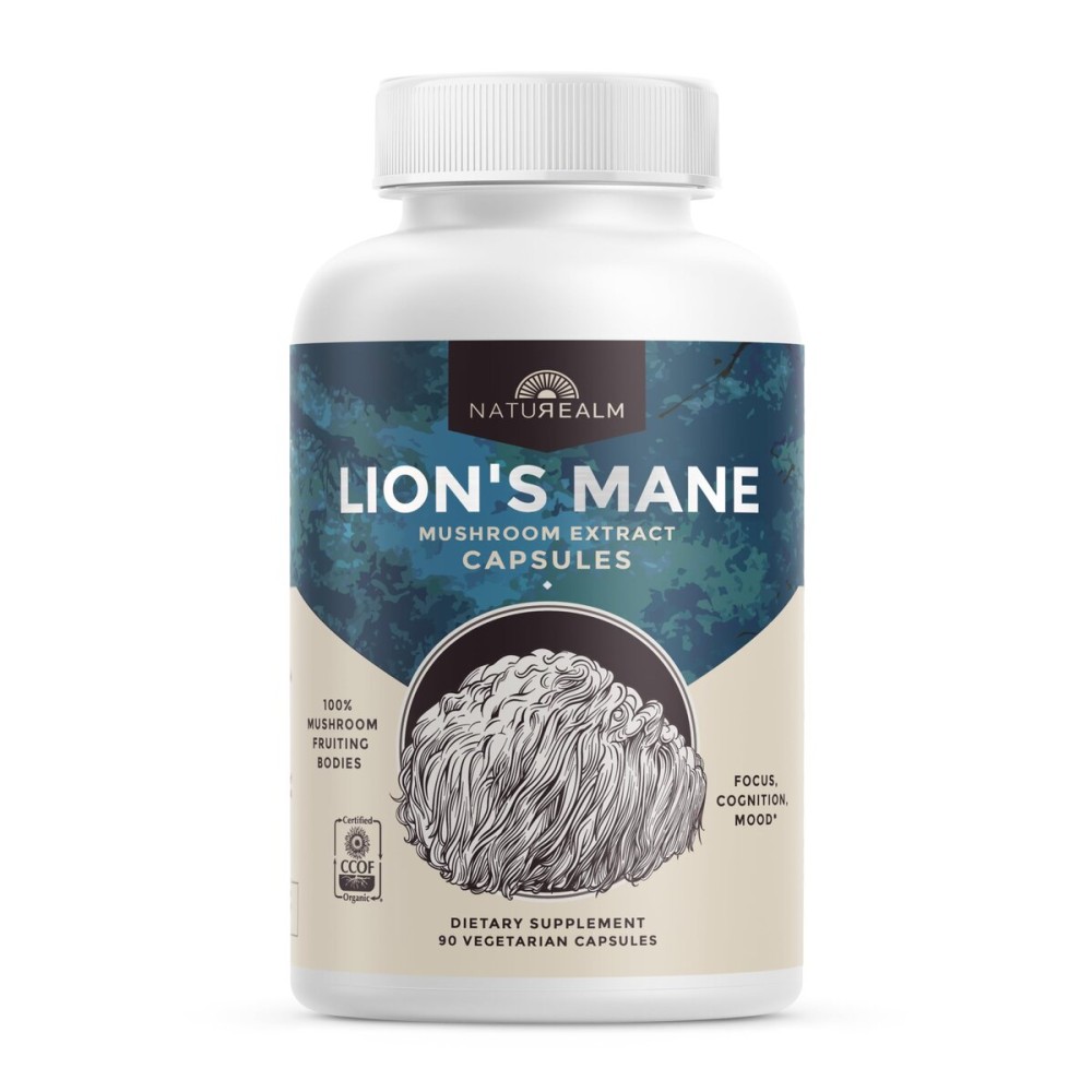 Naturealm Lions Mane Mushroom Capsules Brain Supplement (30 Day Supply) | Supports Brain Health, Focus & Memory | Organic, Premium 100% Fruiting Body Extract