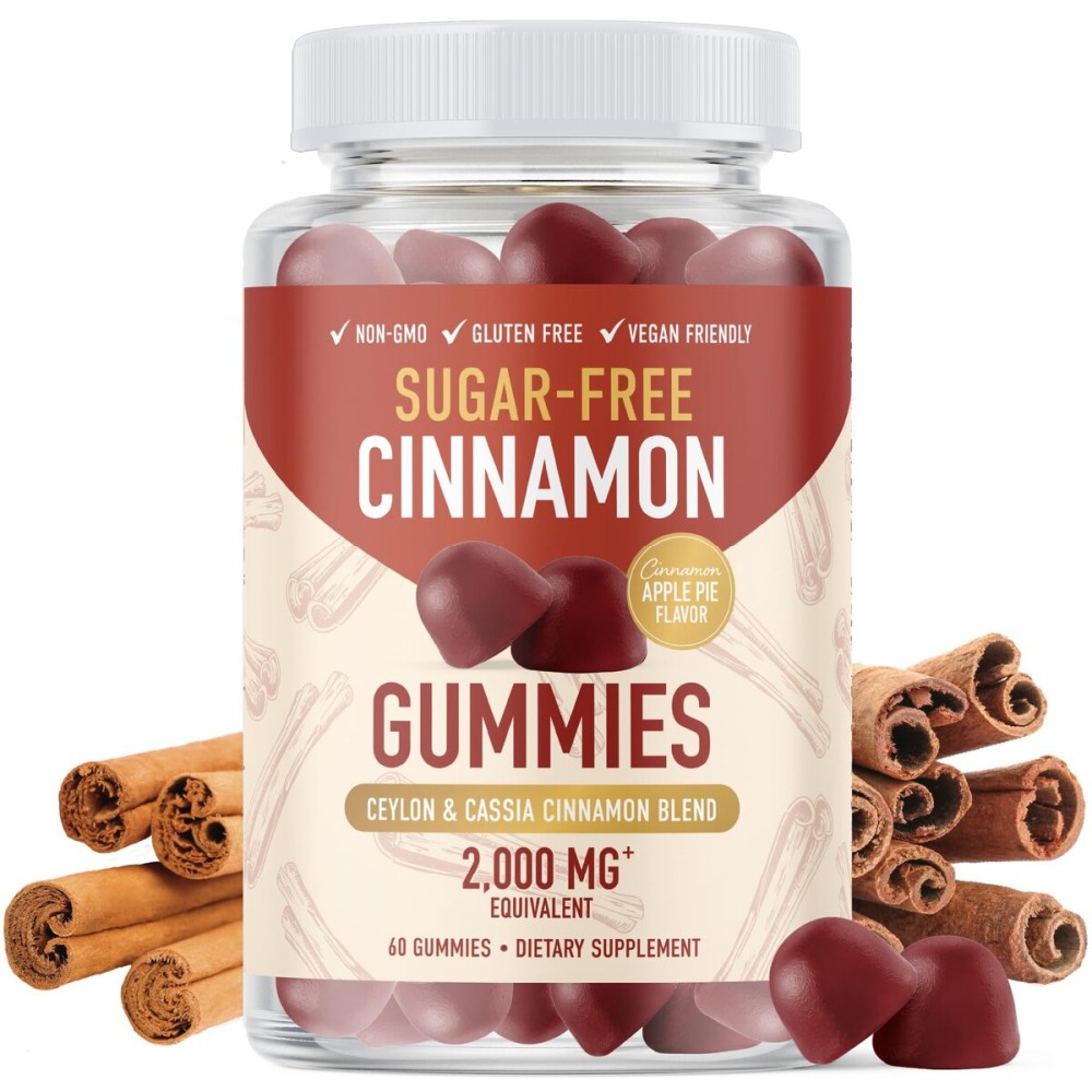 Sugar-Free Cinnamon Gummies 2000MG with Ceylon Cinnamon & Cassia Complex | Sugar-Free Lifestyle Supplement & Guilt-Free Apple Pie Flavor with Chromium | Vegan, Non-GMO, Gluten-Free | 60 Gummies