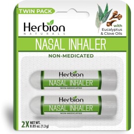 HERBION Naturals Nasal Inhaler, Natural Relief for Nasal Congestion & Sinus Pressure, Non-Medicated Sticks with Essential Oils, Menthol, Eucalyptus, Clove, Soothing Vapor, Easy Breathing, Pack of 2