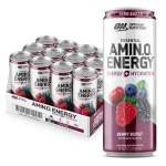 Optimum Nutrition Amino Energy Sparkling Hydration Drink, Electrolytes, Caffeine, Amino Acids, BCAAs, Sugar Free, Berry Burst, 12 Fl Oz, 12 Pack