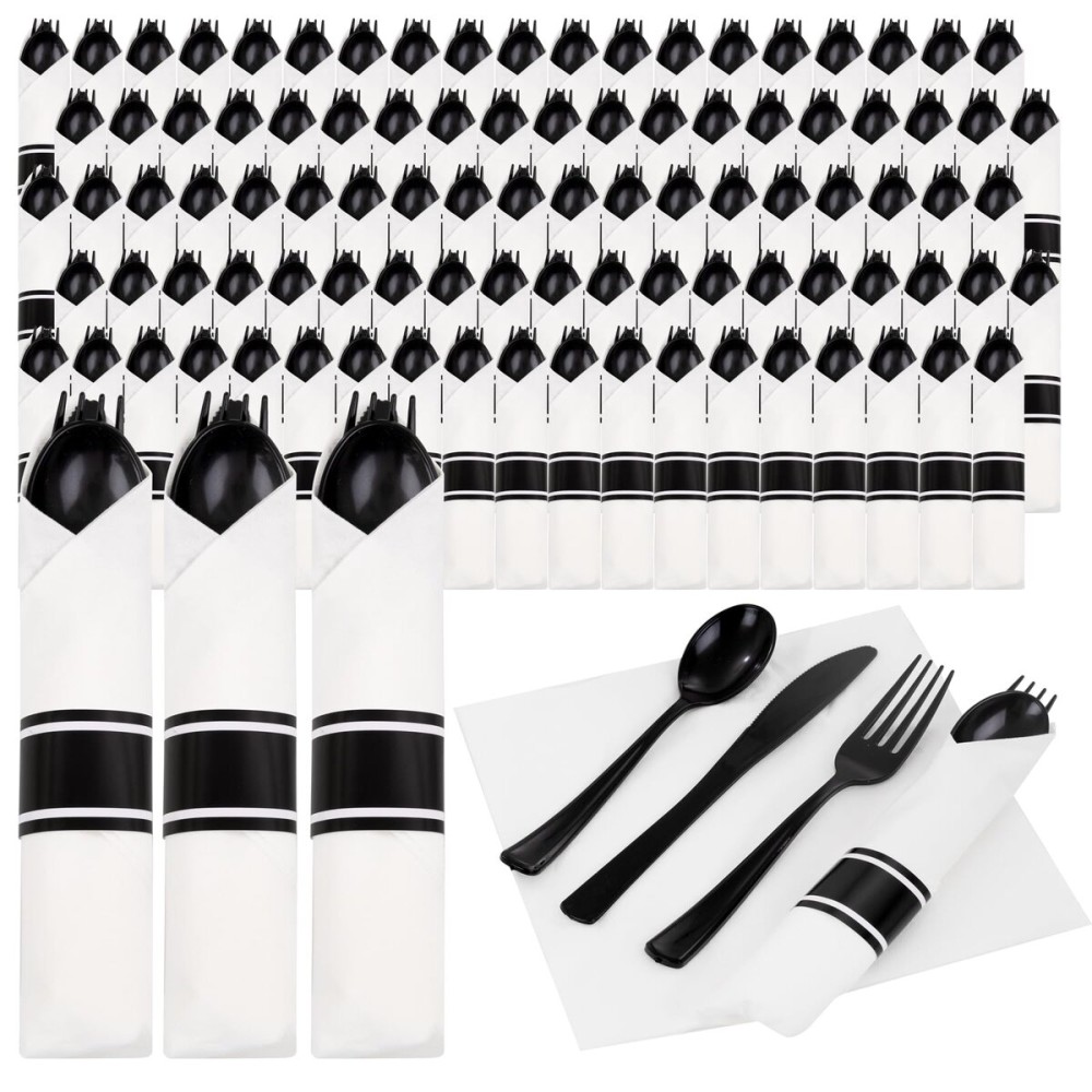 Supernal 120 Pack Black Plastic Silverware,Rolled Silverware Disposable,Pre Wrapped Cutlery Set with Napkin,Plastic Utensils Heavy Duty, Rolled Black Cutlery