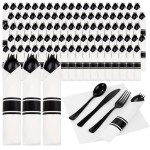 Supernal 120 Pack Black Plastic Silverware,Rolled Silverware Disposable,Pre Wrapped Cutlery Set with Napkin,Plastic Utensils Heavy Duty, Rolled Black Cutlery