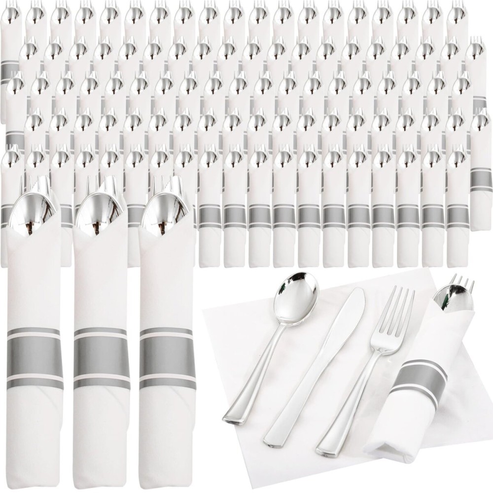 Supernal 120pack Silver Plastic Silverware,Rolled Plastic Silverware,Pre Rolled Napkins with Cutlery Set,Wrapped Disposable Cutlery Set with Napkin Perfect for Christmas Thanksgiving Halloween Party