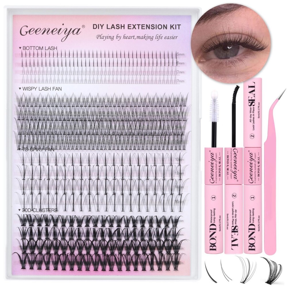 Geeneiya Lash Clusters Kit Individual Lash Extension Kit DIY Multi-type D Curl Cluster Eyelash Extension Kit with Bottom Lashes, Waterproof Lash Bond and Seal Glue, Lash Tweezers (30D, 480PCS)