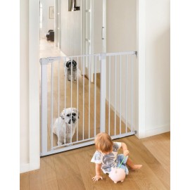 COMOMY 36 Extra Tall Baby Gate for Stairs Doorways, Fits Openings 29.5 to 46 Wide, Auto Close Extra Wide Dog Gate for House, Pressure Mounted Easy Walk Through Pet Gate with Door, White