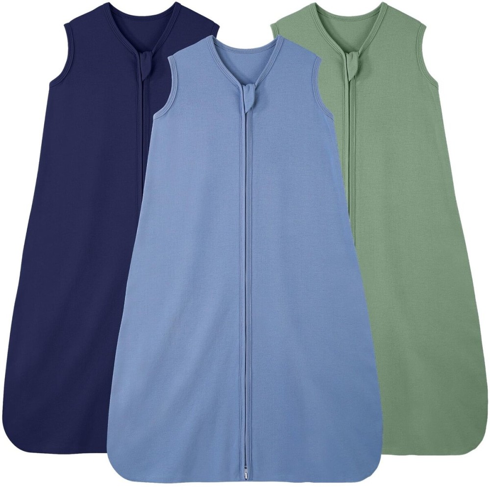 FIEMOL Baby Sleep Sack 12-18 Months, 100% Cotton Sleeping Sack for Newborn and Infant, 3 Pack Baby Wearable Blanket, 0.5 Tog Lightweight Double Zipper Sleep Bag Cyan