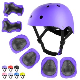 WayEee Kids Bike Helmet Set Skateboard Knee Pads, 7PCS Protective Gear Adjustable for Girls Boys 3-10 Age Elbow Pads Wrist Guards for Outdoor Sports Cycling Bike Roller Skating Scooter, Youth, Purple