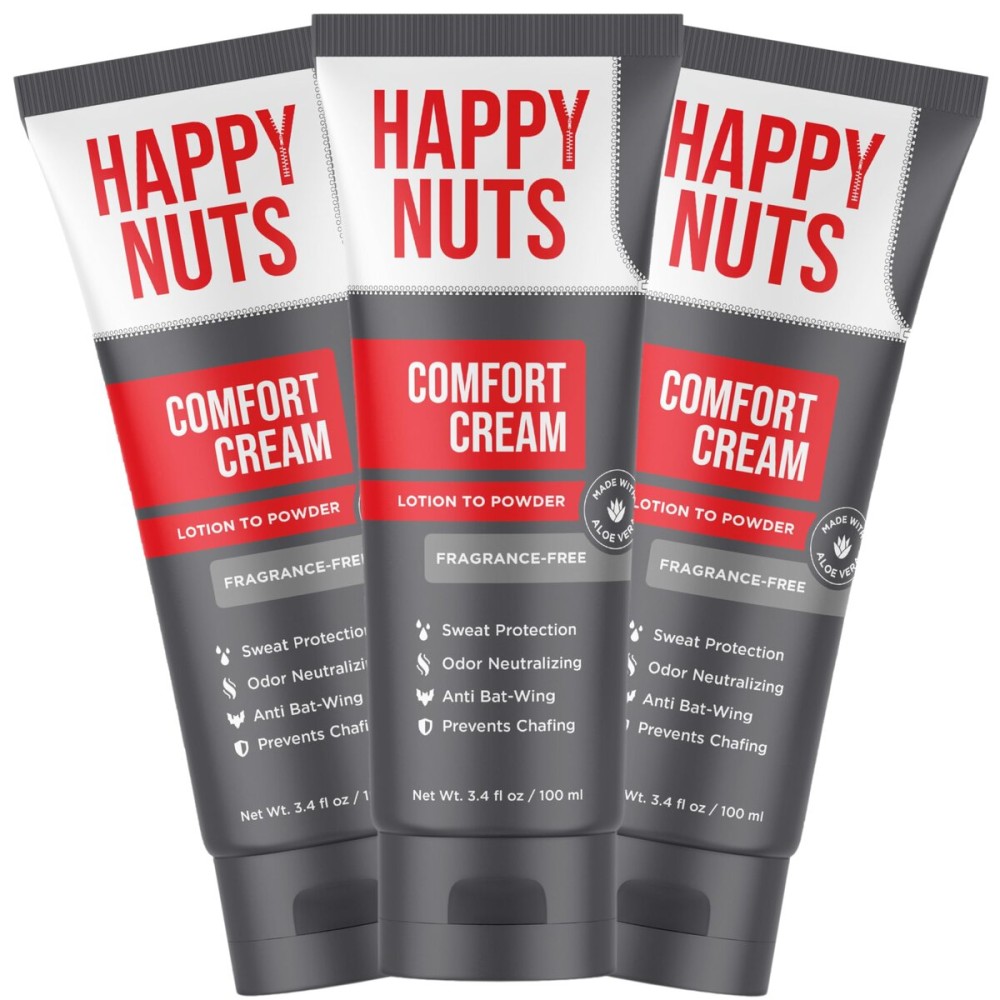 Happy Nuts Comfort Cream Deodorant For Men: Anti-Chafing Sweat Defense, Odor Control, Aluminum-Free Mens Deodorant & Hygiene Products for Men\'s Private Parts (3 PACK - UNSCENTED)