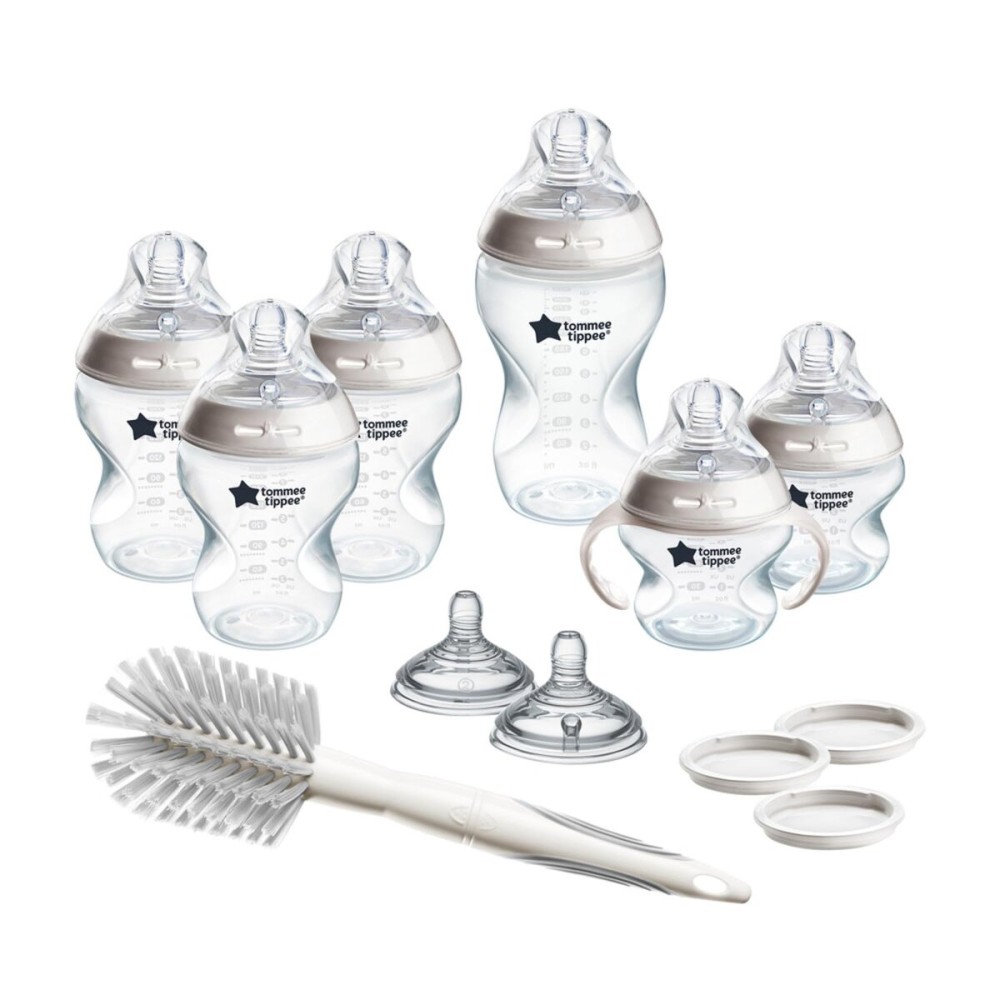 Tommee Tippee Natural Start 12 Piece BPA Free Bottle Set, Includes 2 x 5 oz, 3 x 9 oz, 1 x 11 oz Bottles, Newborn 0+ Months, Slow, Medium & Thicker Flow Breast-Like Nipples, Cleaning Brush, Clear
