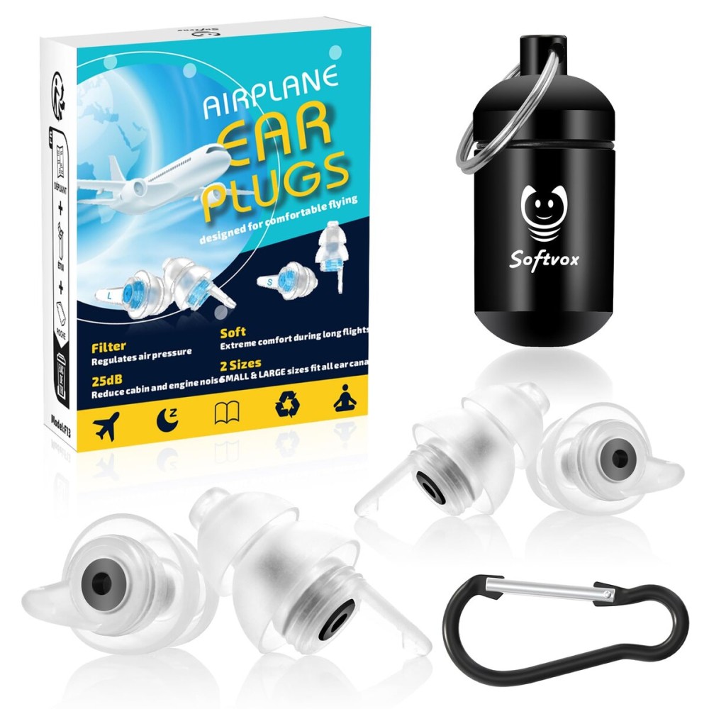 Softvox Airplane Ear Plugs 2 Pairs, Prevent Discomfort Pressure Equalizing Earplugs, Flying Travel Essentials, 100x Reusable Flight Plane Earbuds for Adults Kids 12+, 2 Sizes, 25 dB Noise Reduction