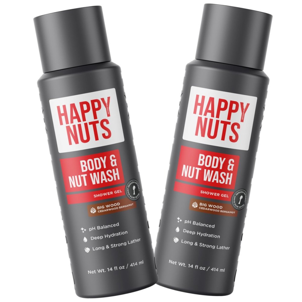 HAPPY NUTS Big Wood Body and Nut Wash - Moisturizing Men\'s Shower Gel, Natural Bodywash with Deep Cleanse for Sensitive Skin - Men\'s Soap (2 Pack, Big Wood)