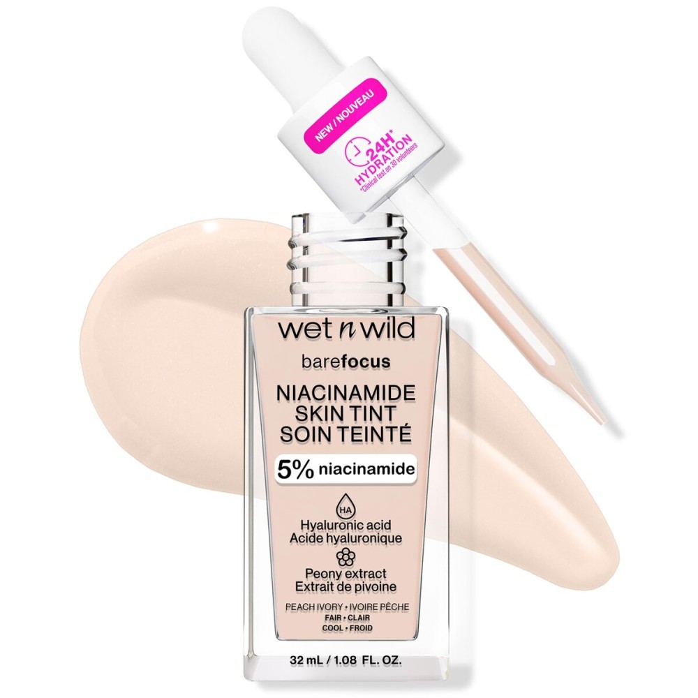 wet n wild Bare Focus Skin Tint, 5% Niacinamide Enriched, Buildable Sheer Lightweight Coverage, Natural Radiant Finish, Hyaluronic & Vitamin Hydration Boost, Cruelty-Free & Vegan - Peach Ivory