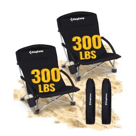 KingCamp Low Beach Chairs 2 Pack, Folding Portable Chair for Adults Lightweight Extra Wide Ergonomic Seat 300lbs Heavy Duty Oversized Backpack Gear with Carry Bag for Outdoor Lawn Camping Picnic