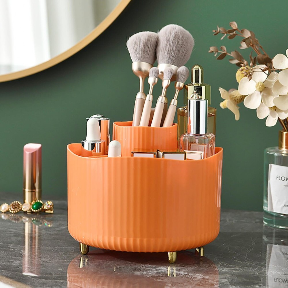Anyoifax 360 Rotating Makeup Brush Holder Organizer, Make up Brushes Cup for Vanity, 5 Slot Spinning Makeup Organizers for Cosmetics, Lipstick, Pen, Orange