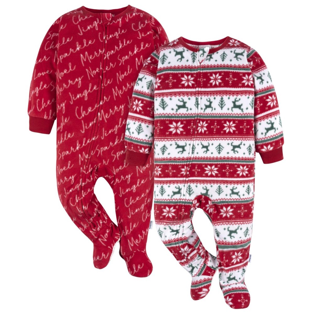 Gerber Unisex Baby Toddler Fleece Footed Holiday Pajamas 2-Pack, Deer Fairisle, 6-9 Months