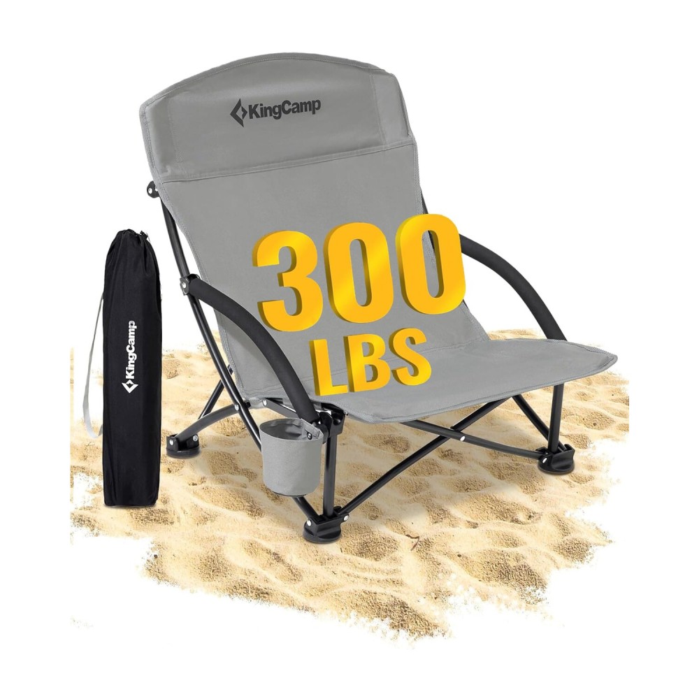 KingCamp Low Beach Chair, Folding Portable Chairs for Adults Lightweight Extra Wide Ergonomic Seat 300lbs Heavy Duty Oversized Backpack Gear with Carry Bag for Outdoor Lawn Camping Picnic