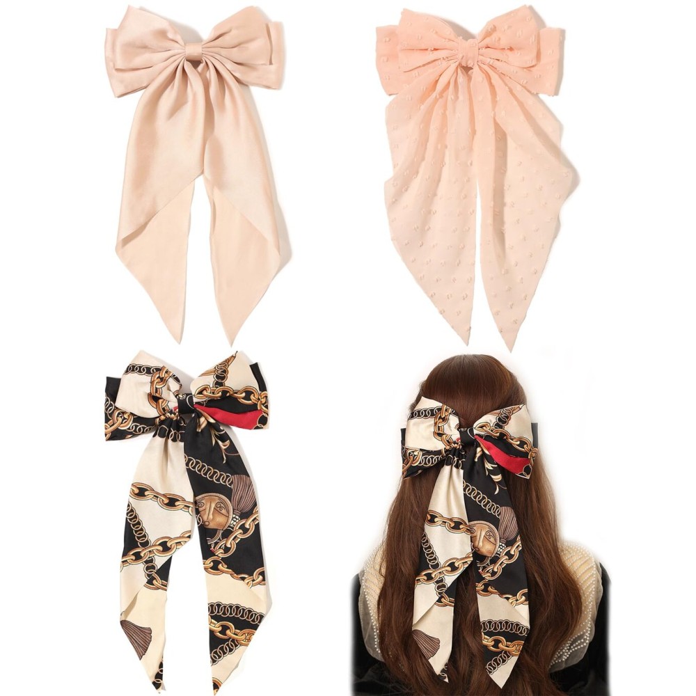 LFOUVRE Hair Accessories - Dotted Chain Bows, Bowknot Barrettes with Tails for Girls and Women, 3pcs