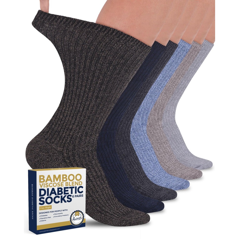 Pembrook Ribbed Knit Bamboo Viscose Diabetic Socks for Women - 6 Pairs | Crew Neuropathy Socks | Tan, Blue, Navy, Grey, Light Grey | Womens Diabetic Socks