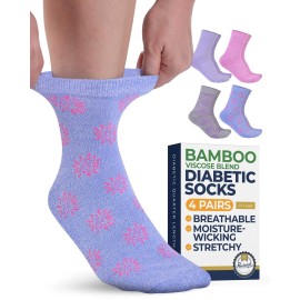 Pembrook Ankle Diabetic Socks for Women & Men - 4 Pairs Sun Pack (Pink, Gray, Purple, Blue), Moisture-Wicking, Wide Top, Quarter Non Binding Socks