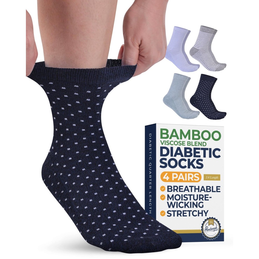 Pembrook Ankle Diabetic Socks for Women & Men - 4 Pairs Bamboo Viscose Smooth Toe Seams, Non Binding, Moisture-Wicking, Wide Top Diabetic Ankle Socks for Women, Gray, Navy, Lilac, Aqua