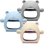 Chumia 3 Pack Teething Toys for Babies 0-6 Months Silicone Hand Teethers Baby Anti Dropping Hand Pacifiers Infant Chew Toys for Sucking Needs(Beige, Gray, Blue)
