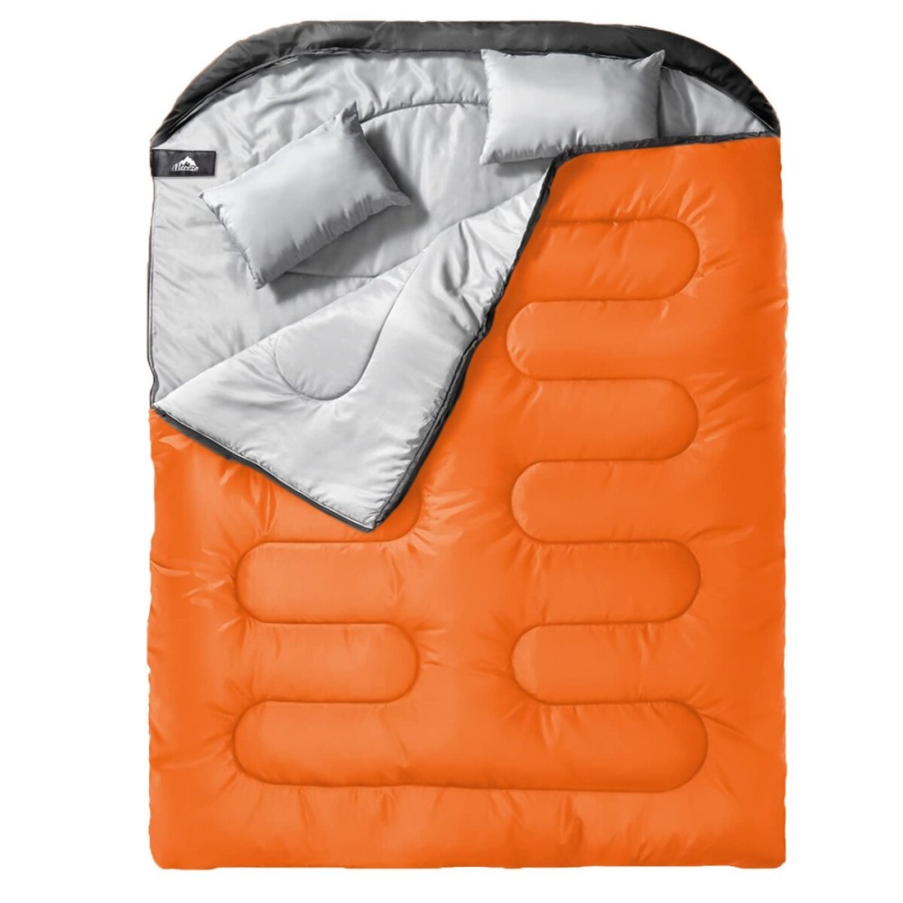 MEREZA Double Sleeping Bag for Adults Mens with Pillow, XL Queen Size Two Person Sleeping Bag for All Season Camping Hiking Backpacking 2 Person Sleeping Bags for Cold Weather & Warm Orange