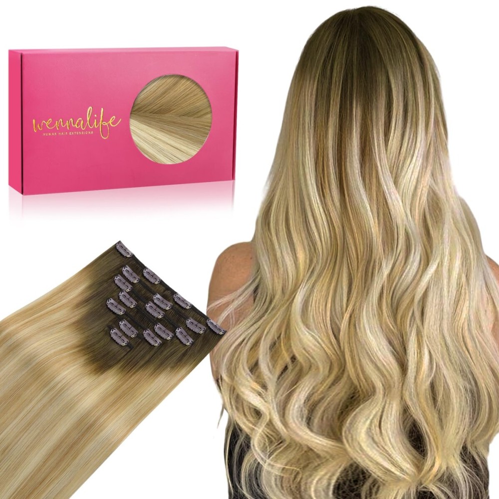 WENNALIFE Clip in Hair Extensions Real Human Hair, 18 Inch 120g 7pcs Human Hair Extensions Clip In Human Hair, Balayage Light Ash Brown to Light White Blonde Hair Extensions Clip In Real Hair Coloured