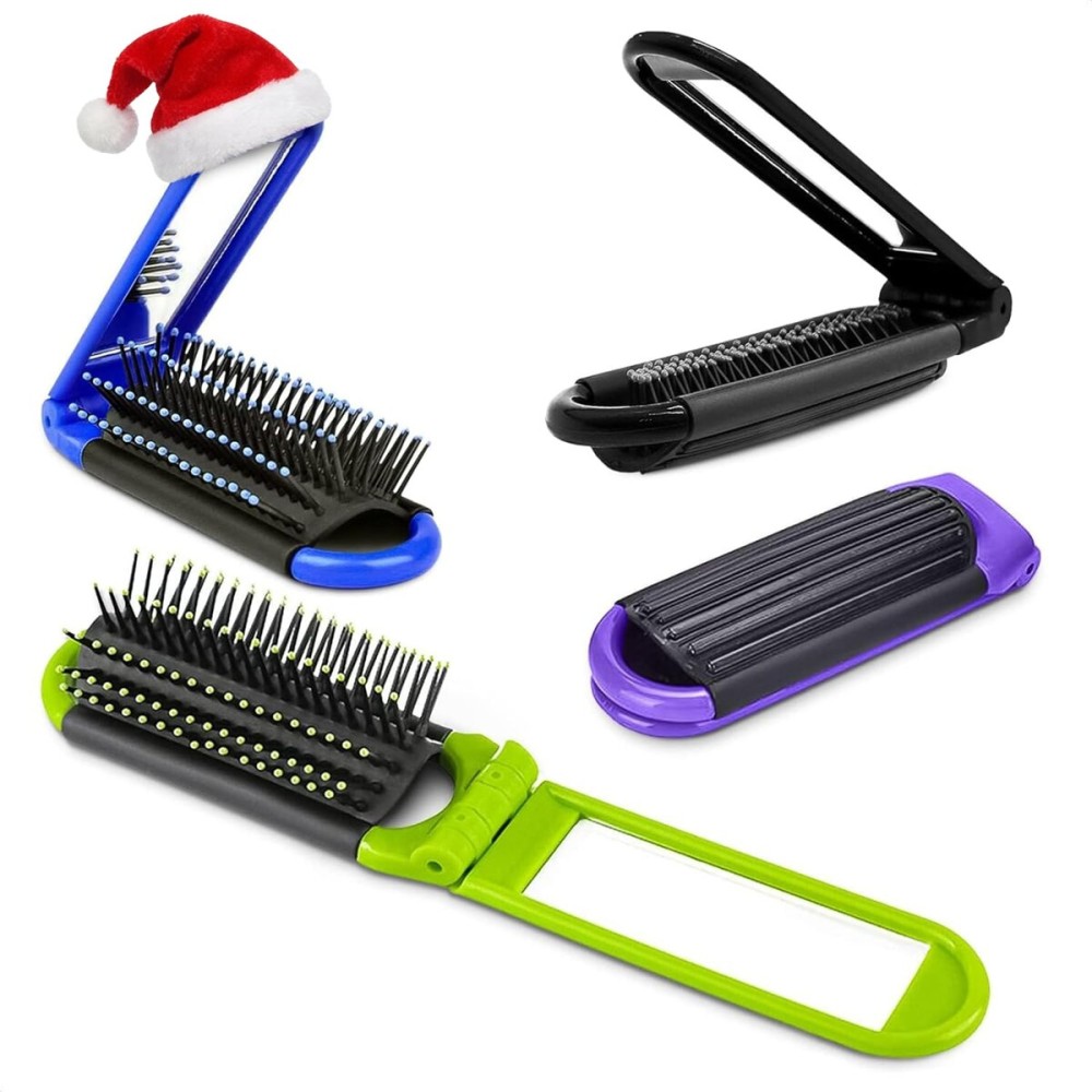 4 Pcs Travel Hair Brush - 4.25x1.49 Folding Hair Brush with Mirror and Flexible Nylon Bristles, Lightweight Travel Comb for Women - 4 Colors Pack, Foldable Hairbrush for Styling on the Go
