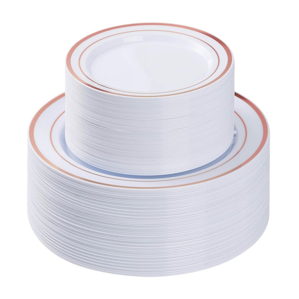 BESTVIP 100PCS Rose Gold Plastic Plate, Disposable Party Plates with 50 Dinner and 50 Dessert Plates, Plastic Plate for Party, Wedding and Birthday