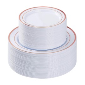 BESTVIP 100PCS Rose Gold Plastic Plate, Disposable Party Plates with 50 Dinner and 50 Dessert Plates, Plastic Plate for Party, Wedding and Birthday