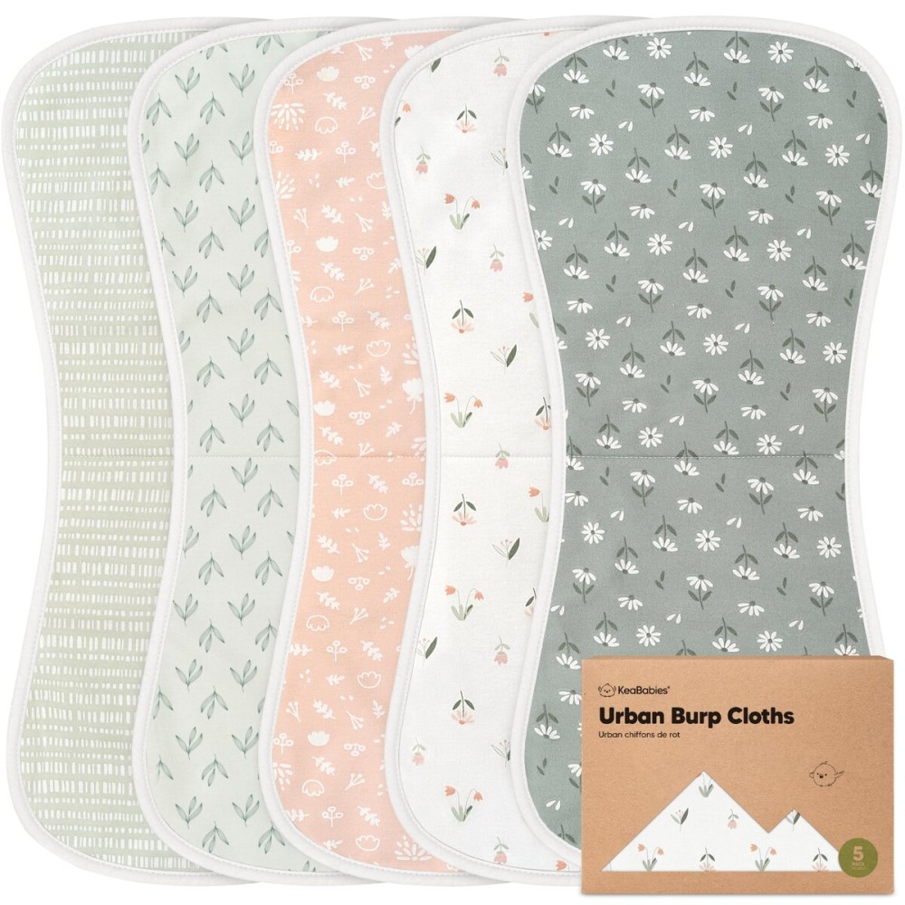Organic Burp Cloths Baby Boy & Girl - 5-Pack Super Absorbent Cotton Burping Cloths for Babies, Soft & Plush Newborn Spit Up Rags, Infant Towels for Milk Spit Up, Unisex, Large 21 x 10 (Fleur)
