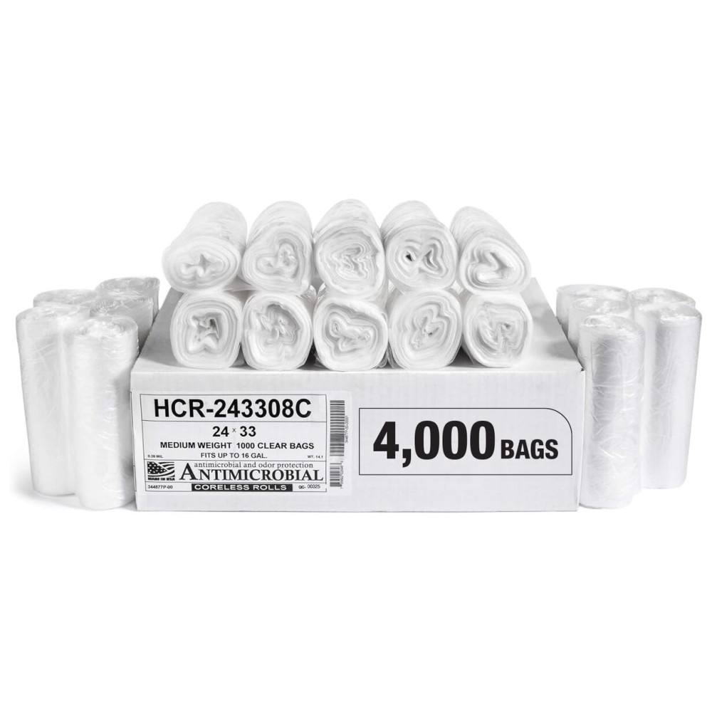 Aluf Plastics High Density Trash Bags, 16 Gallon, 4000 Count, 8 Micron (eq), 24 x 33, Clear, for Bathroom, Office, Industrial, Commercial, Janitorial, Municipal, Recycling