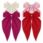 Atoden Women\'s Hair Bow, Silky Satin Hair Bow 4Pcs - Oversized Long Tail Bow Hair Clips, Large Hair Ribbon Barrettes, Metal Clips, Bowknot, Aesthetic Girls Hair Accessories, Beige, Pink, Red