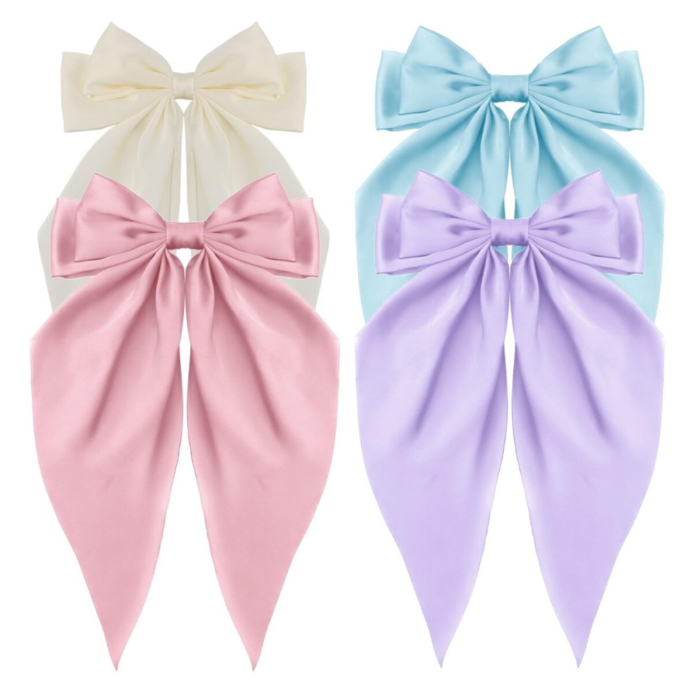 ATODEN Women\'s Hair Accessories - 4Pcs Oversized Satin Long Tail Bowknot Hair Clips with Metal Barrettes in Beige, Pink, Blue, Purple