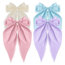 ATODEN Women\'s Hair Accessories - 4Pcs Oversized Satin Long Tail Bowknot Hair Clips with Metal Barrettes in Beige, Pink, Blue, Purple