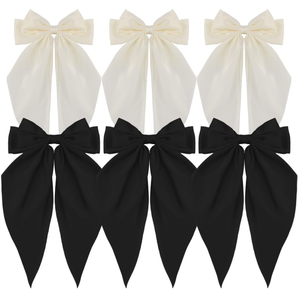 ATODEN Oversized Hair Barrettes: Silky Satin Bowknot Clips, Long Tail Ribbons for Women - Black, White, Beige (6Pcs)