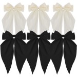 ATODEN Oversized Hair Barrettes: Silky Satin Bowknot Clips, Long Tail Ribbons for Women - Black, White, Beige (6Pcs)