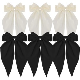 ATODEN Oversized Hair Barrettes: Silky Satin Bowknot Clips, Long Tail Ribbons for Women - Black, White, Beige (6Pcs)