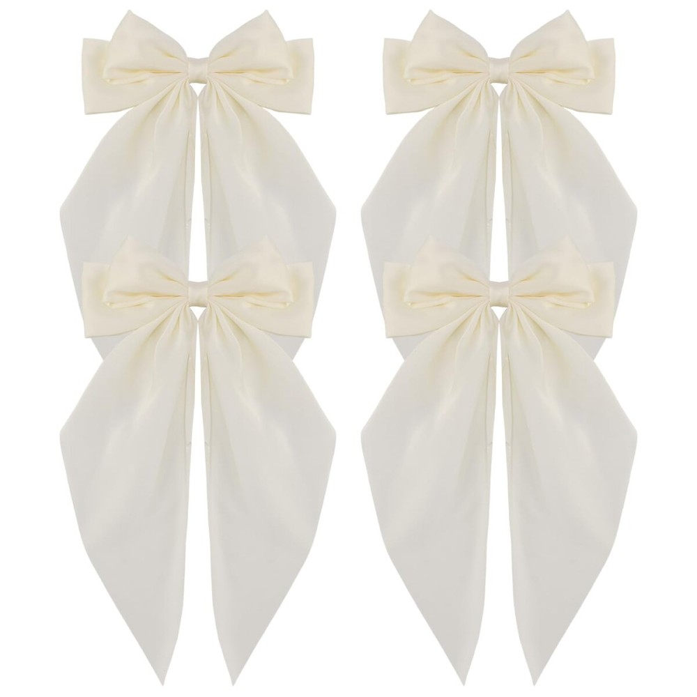ATODEN Satin White Hair Accessories for Women: Large Oversized Bowknot Barrettes with Long Tail Hair Clips and Metal Clips - Aesthetic Wedding Hair Accessories