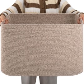 OIAHOMY XXLarge Rectangle Blanket Basket-96L, Cotton Woven Basket for Storage, Dirty Clothes Basket for Living Room, Nursery, Bedroom, Toy Organizing with Handle, 24 x 16 x 15,Brown variegated
